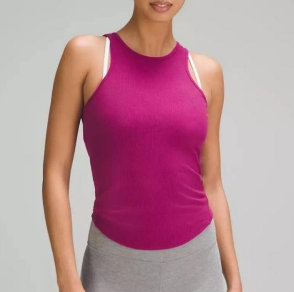 Lululemon Sculpt Tank Top Back Vent Ribbed Modal Silk Twist Size 4 Magenta Yoga